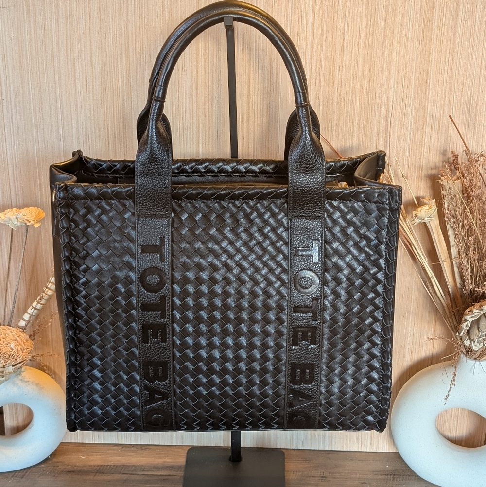 Black Woven Tote Bag With Wallet And Crossbody Strap